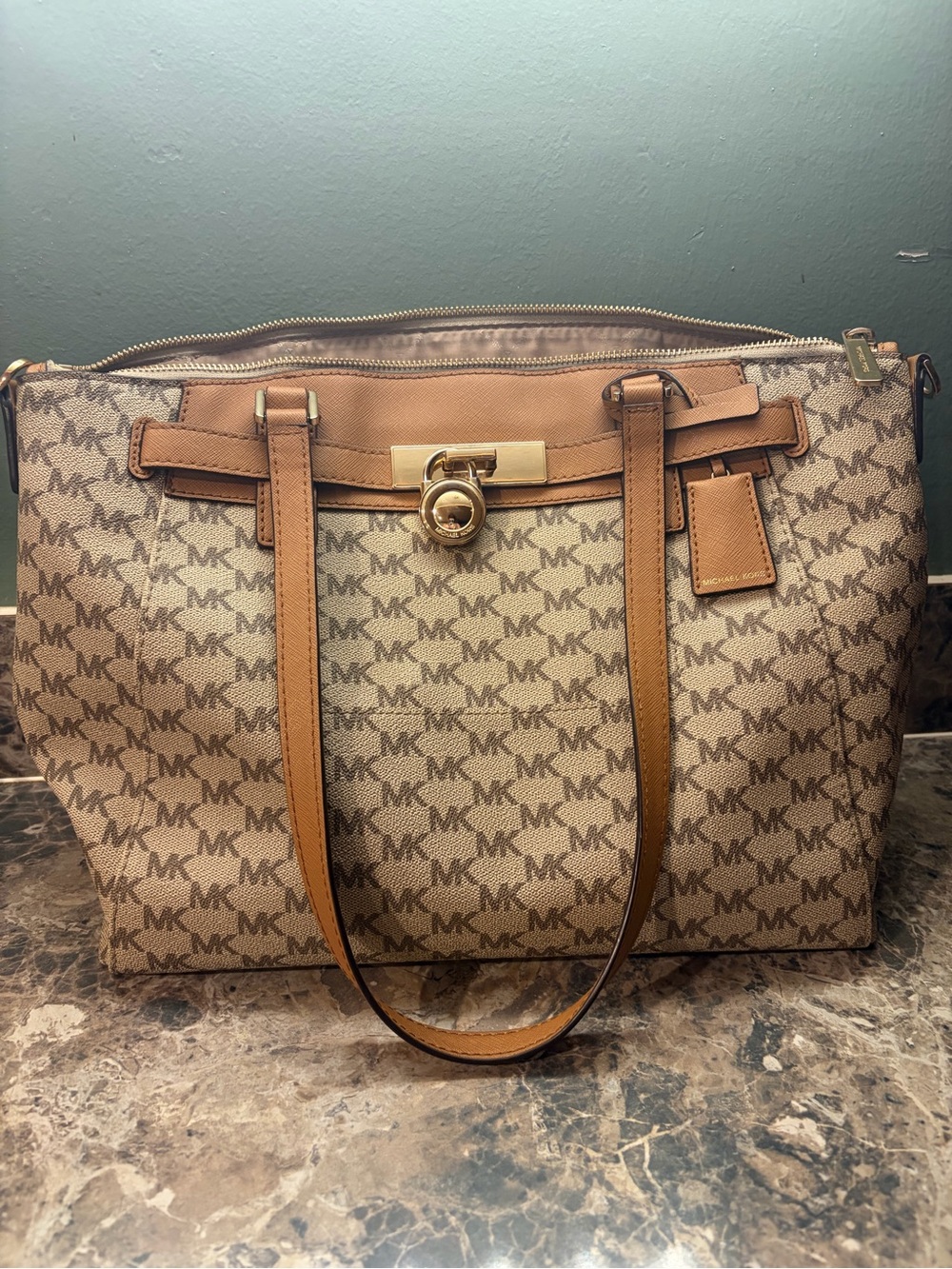 Michael Kors Tan and Brown Signature MK Tote with Gold Hardware